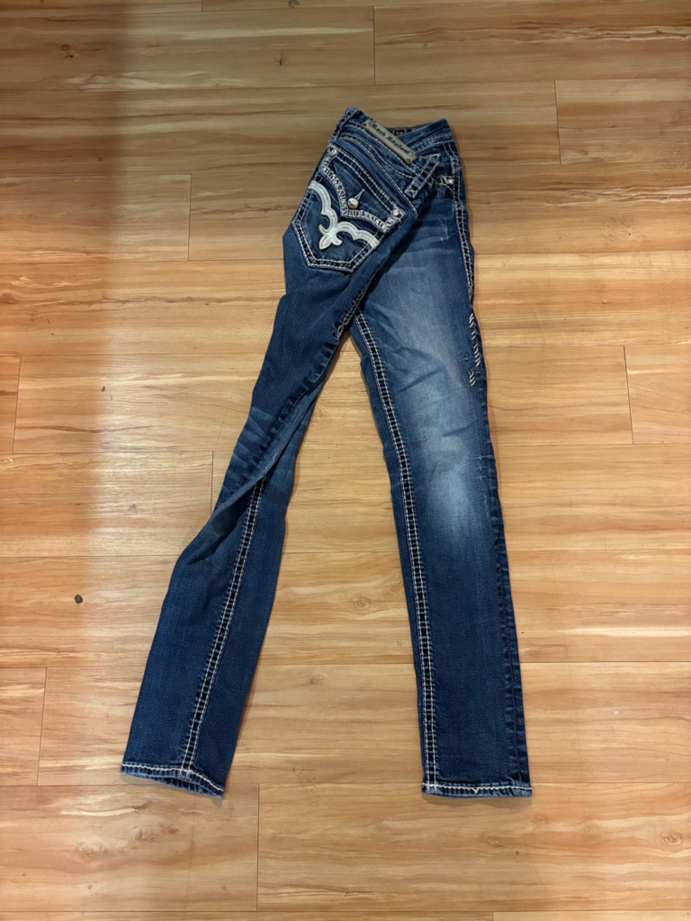 Rock Revival Straight Leg Jeans in Dark Blue with Embroidered Pockets